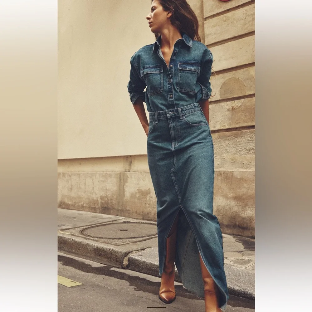 Zara set Long front Slit Denim High waist Skirt & Jacket Indigo Dark Blue S NWT - Picture 3 of 16